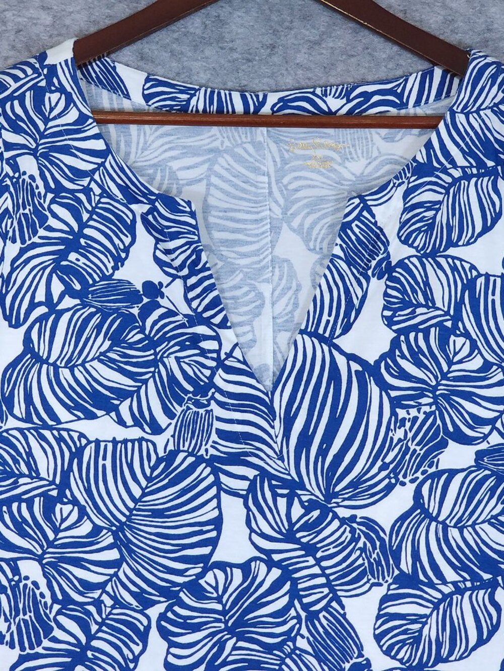 Lilly Pulitzer Cath Dress XXL Blue White Leaf Print Tie Sleeves Tropical Resort - Picture 5 of 12